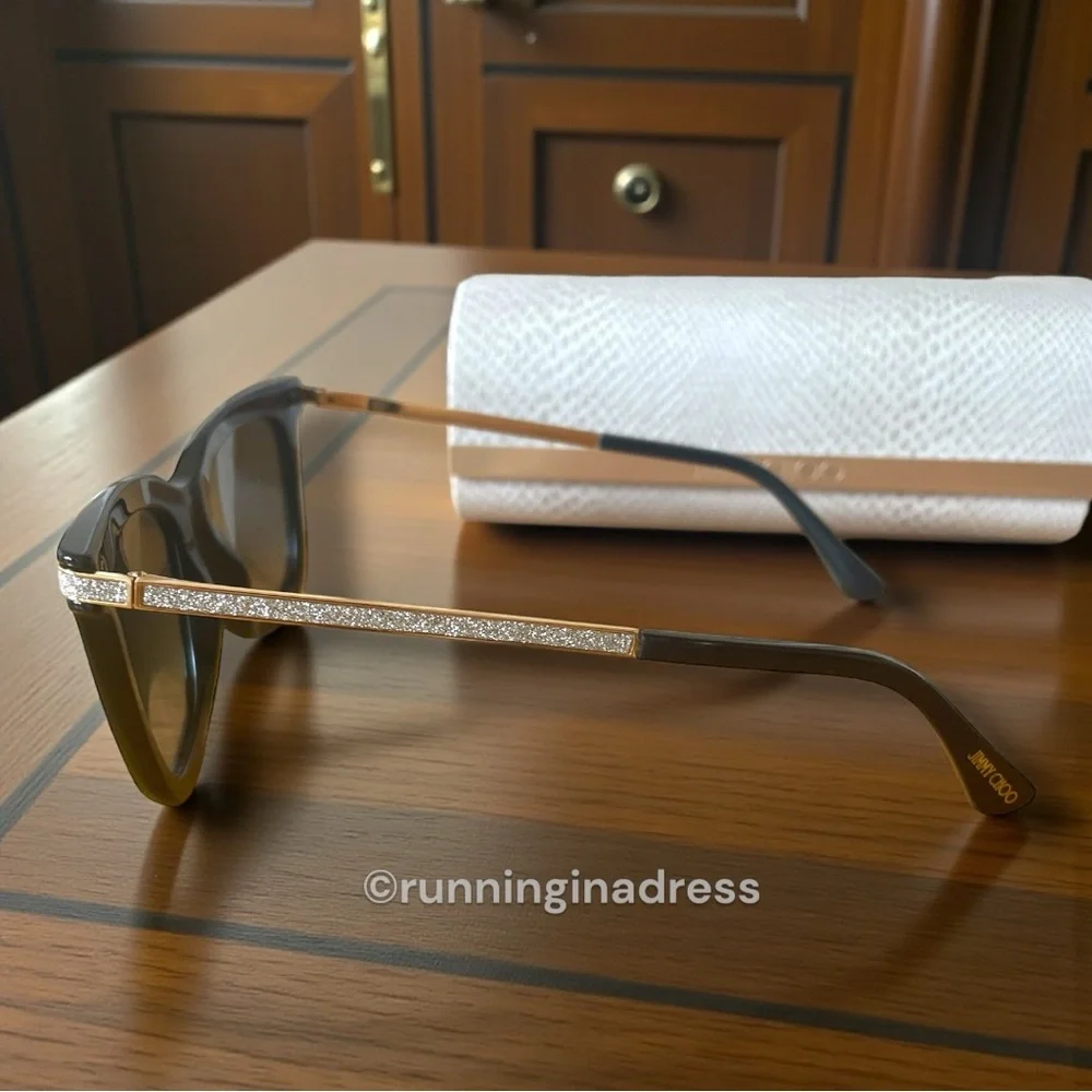 New In Case Jimmy Choo Olye Square Sunglasses In Black & Gold Glitter Accent